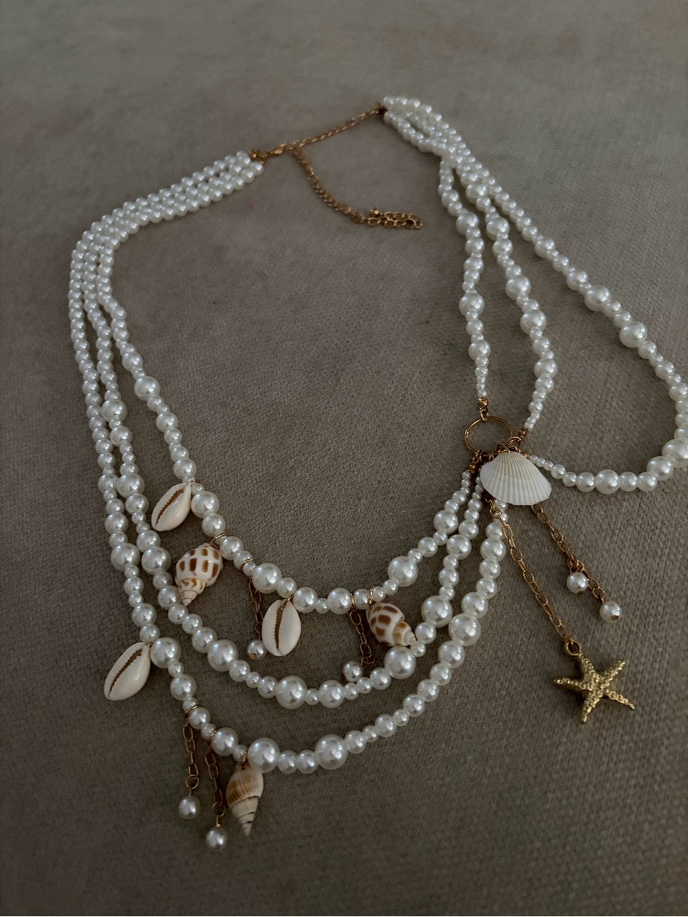 Multi-Strand Pearl & Shell Charm waist beads - White with Gold Accents